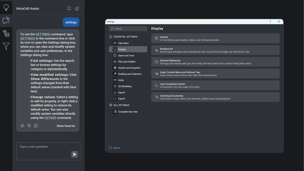 BricsCAD Assist-paneel naast het instellingenvenster